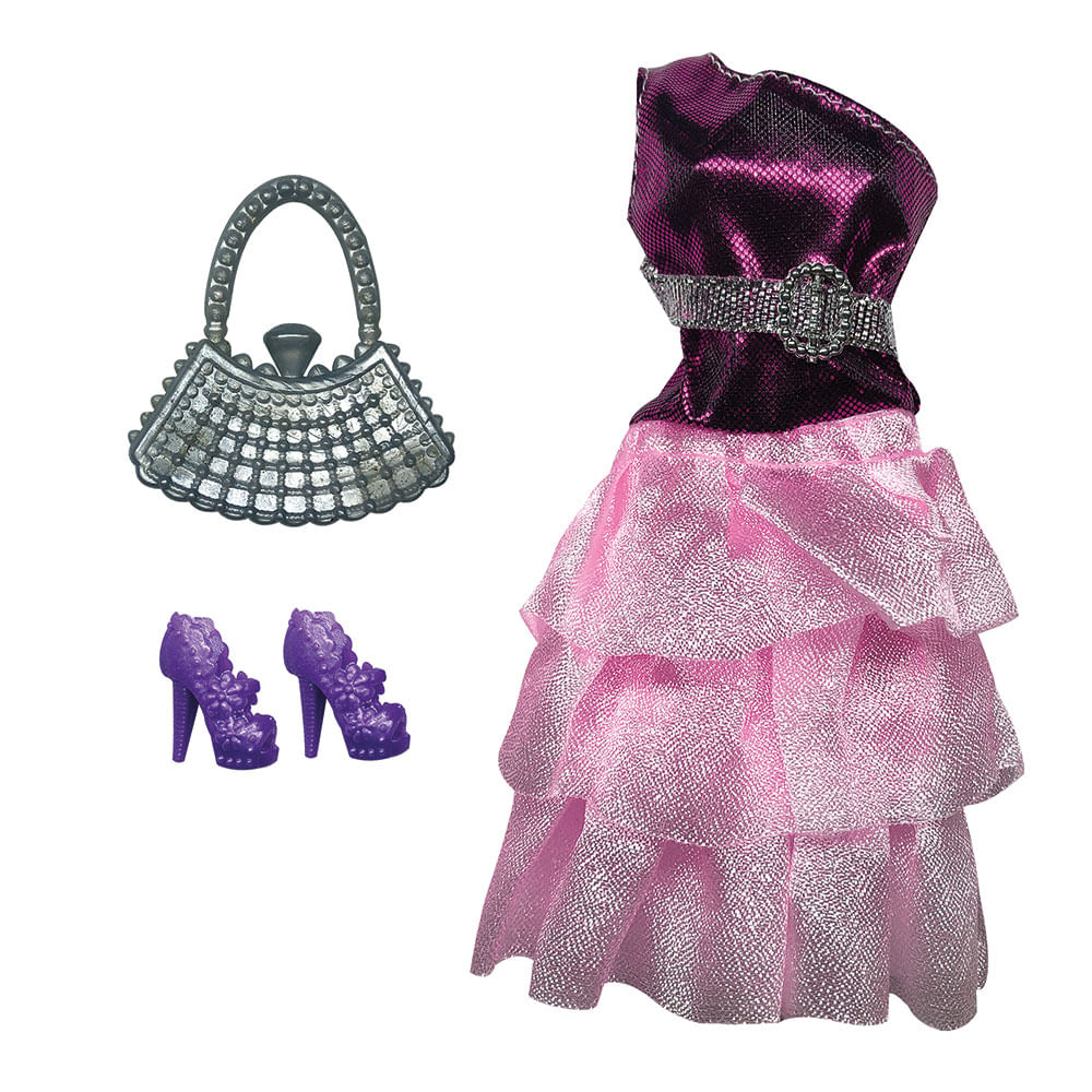 Kit com Vestido e Acessórios Fashion para Bonecas Doll Dress