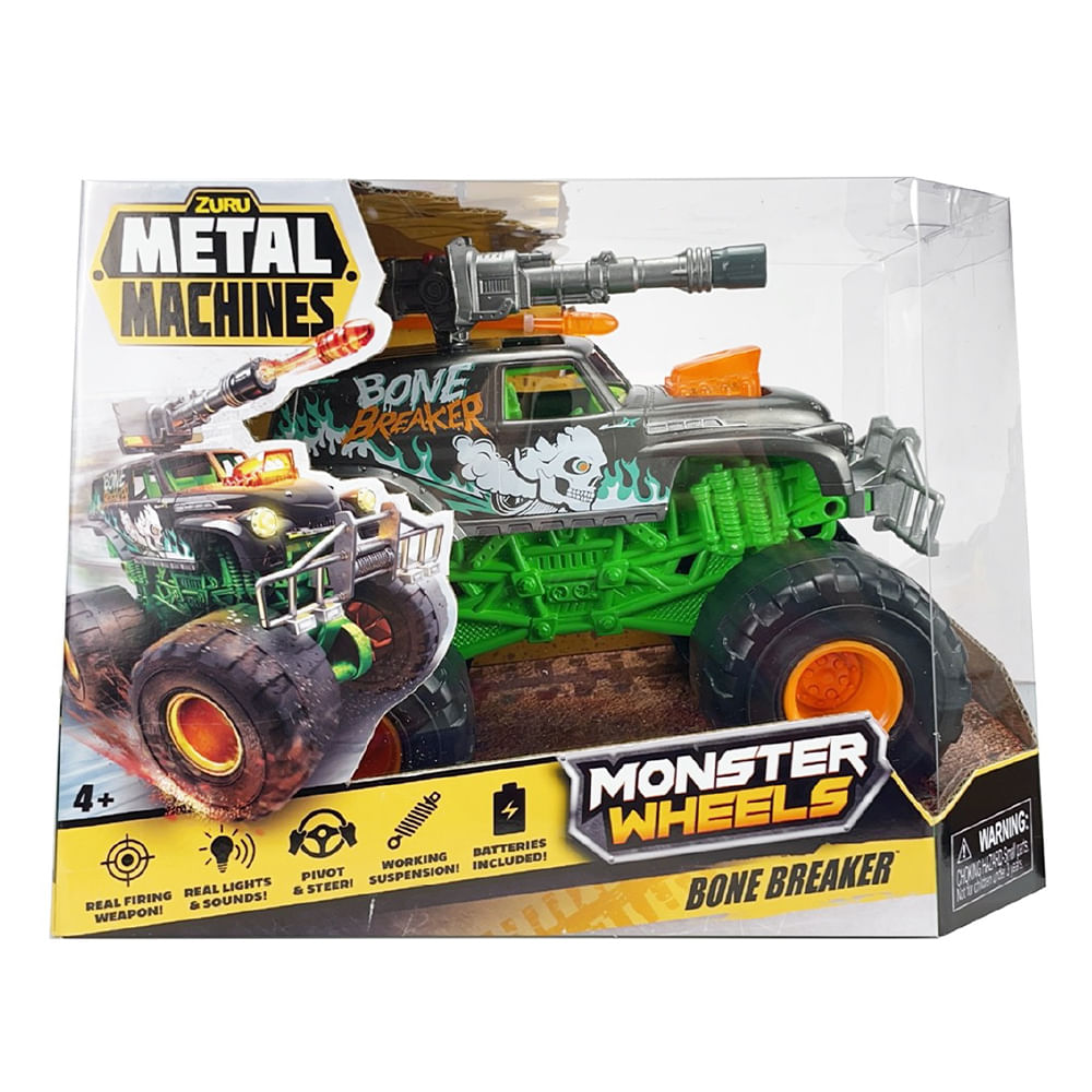 Carrinho Roda Livre Metal Machiness Monster Wheels - Bone Breaker - Verde - Imagem 3