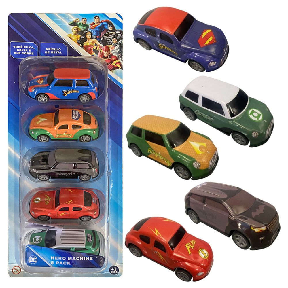 Kit com 5 Mini Carrinhos Pull Back Liga da Justiça