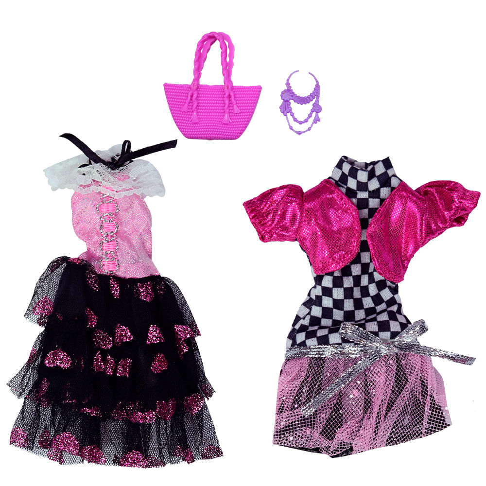 Kit com 2 Vestidos para Bonecas Doll Dress Xadrez e Rosa - Imagem 2