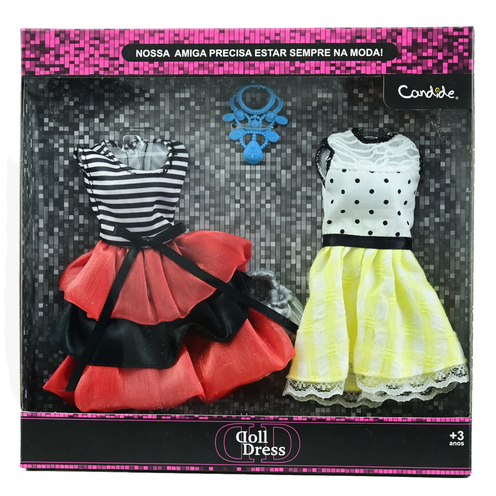 Kit com 2 Vestidos para Bonecas Doll Dress Listrado e Bolinha
