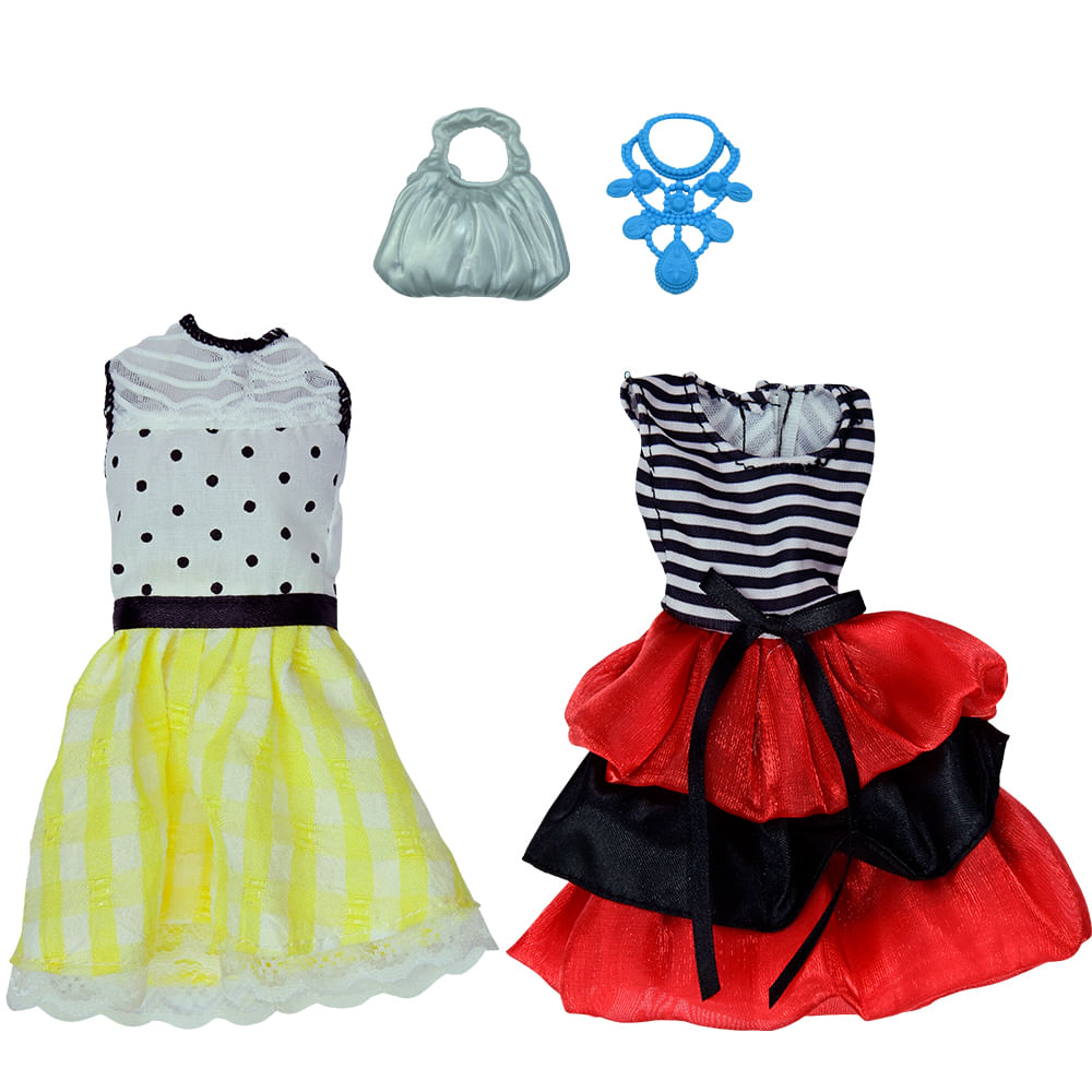 Kit com 2 Vestidos para Bonecas Doll Dress Listrado e Bolinha - Imagem 2