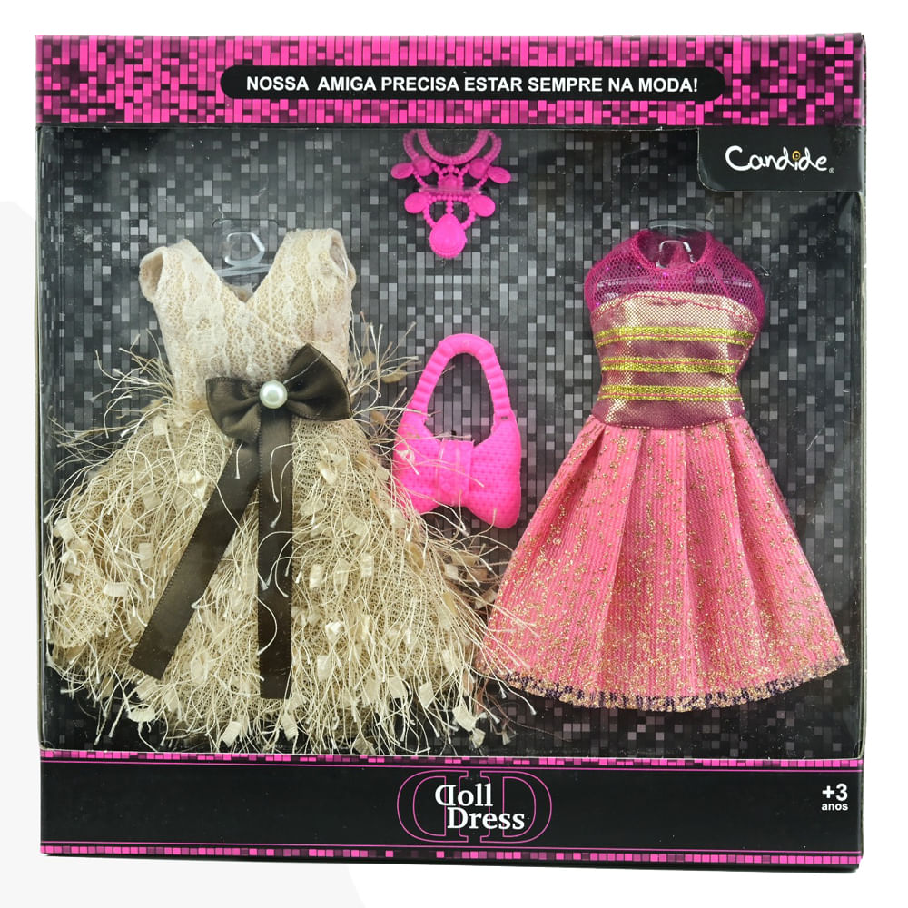 Kit com 2 Vestidos para Bonecas Doll Dress Bege e Rosa