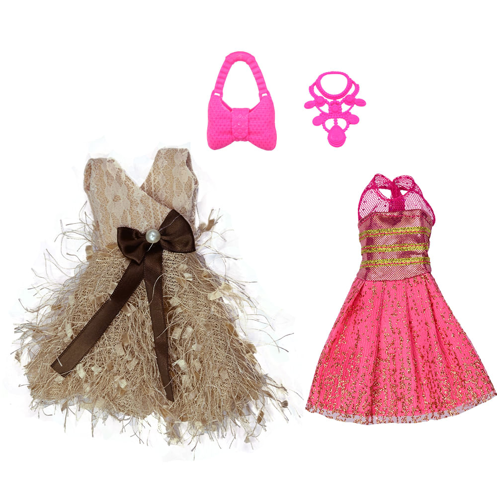 Kit com 2 Vestidos para Bonecas Doll Dress Bege e Rosa - Imagem 4
