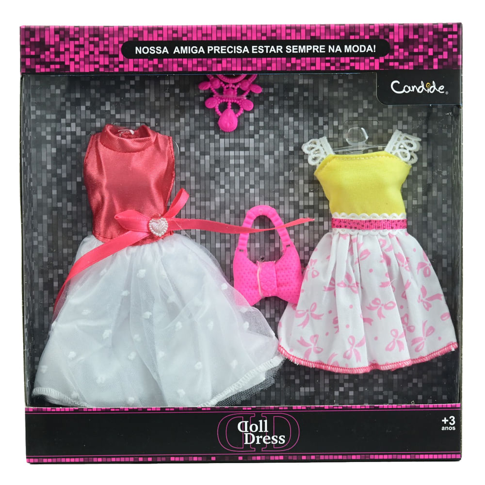 Kit com 2 Vestidos para Bonecas Doll Dress Vermelho e Amarelo