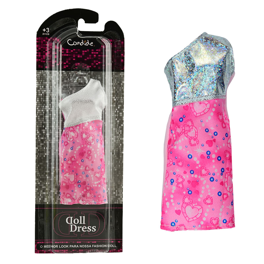 Vestido para Bonecas Doll Dress Basic Rosa Com Cinza