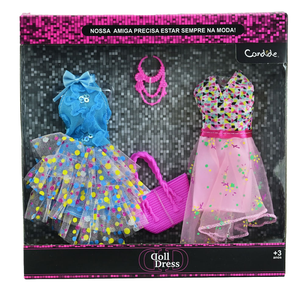 Kit com 2 Vestidos para Bonecas Doll Dress Azul e Rosa