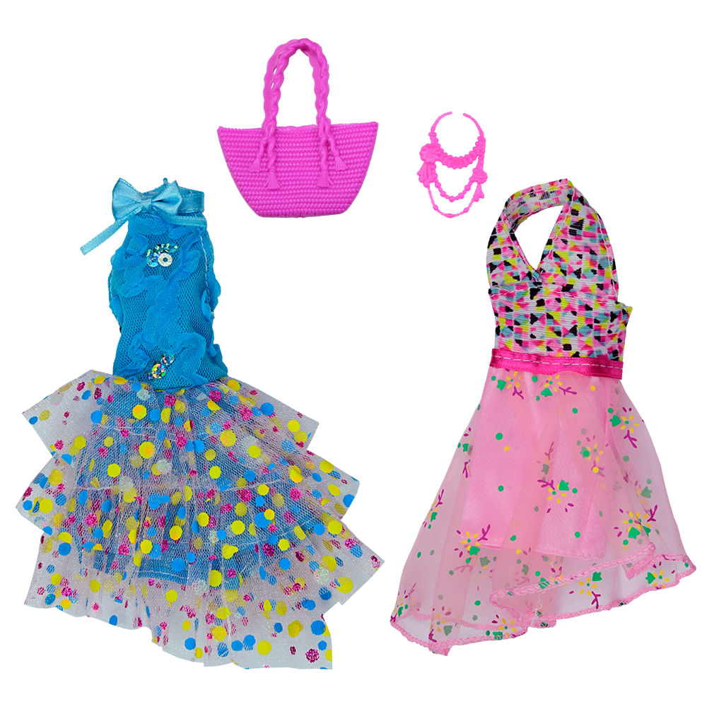 Kit com 2 Vestidos para Bonecas Doll Dress Azul e Rosa - Imagem 5