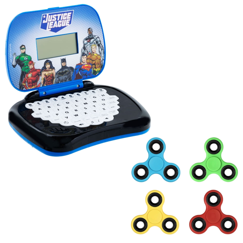 Kit Laptop Infantil Educativo Candide Liga Da Justiça Bilíngue + 1 Fidget Spinner Sortido