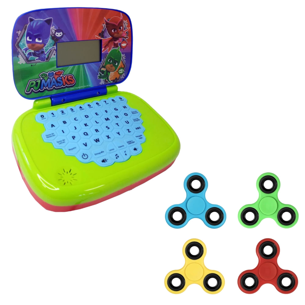 Kit Laptop Infantil Educativo Candide Pj Masks Bilíngue + 1 Fidget Spinner Sortido