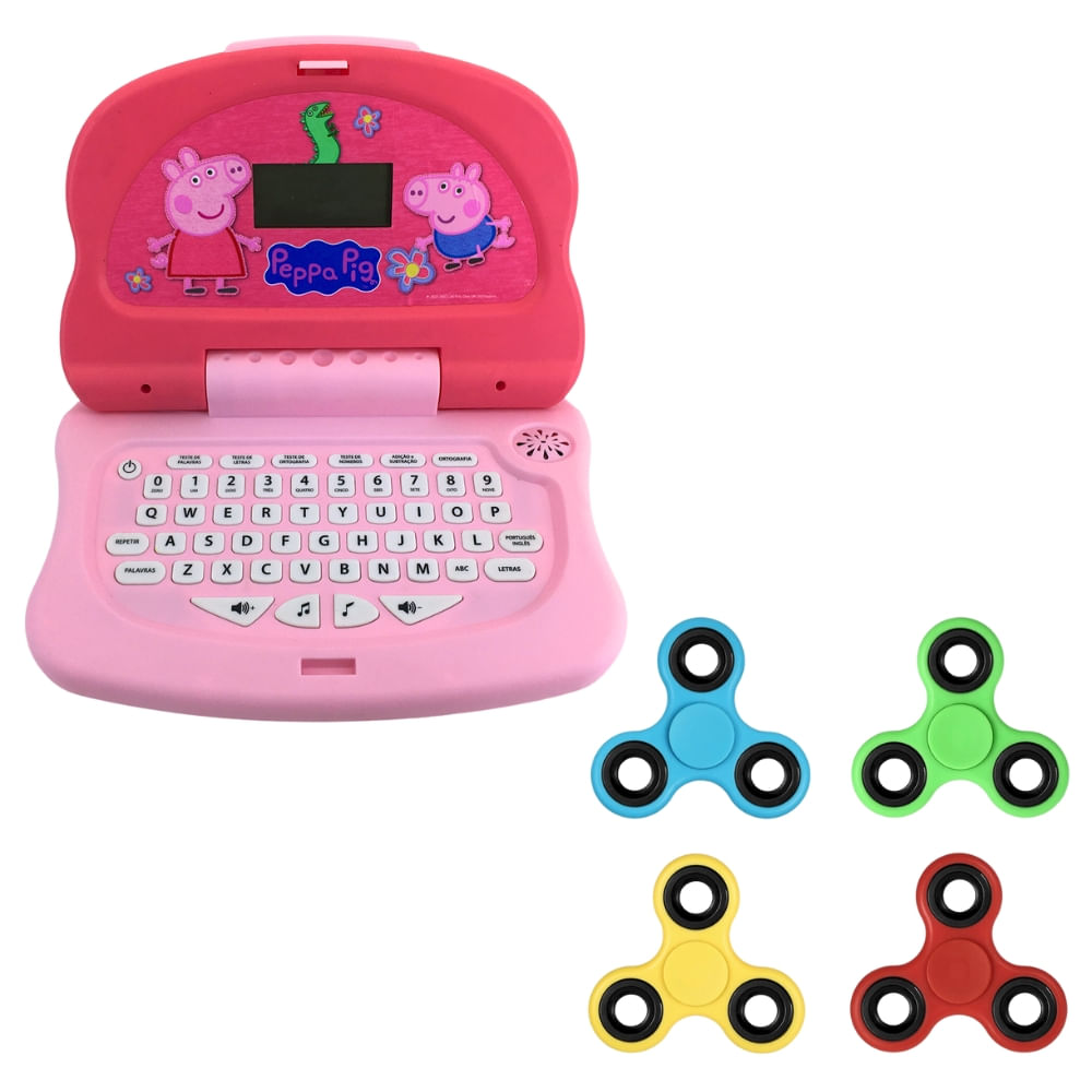 Kit Laptop Infantil Educativo Candide Peppa Pig Peppa Tech Bilíngue + 1 Fidget Spinner Sortido