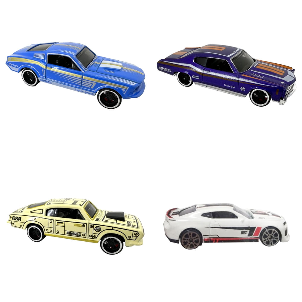 Kit com 4 Mini Carrinhos Die Cast Garagem S.A. - Azul + Roxo + Amarelo + Cinza