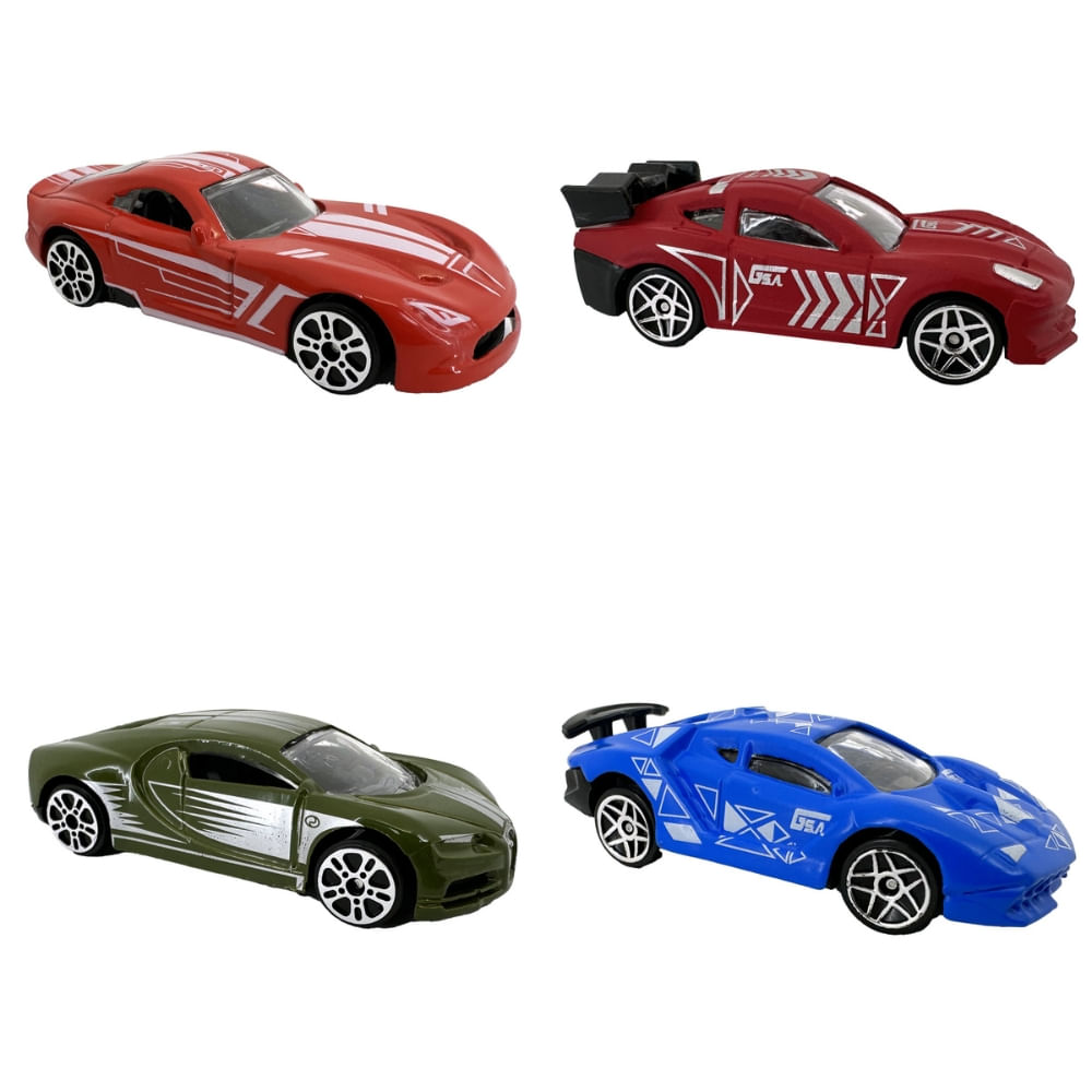 Kit com 4 Mini Carrinhos Die Cast Garagem S.A. - Vermelho + Vinho + Verde + Azul