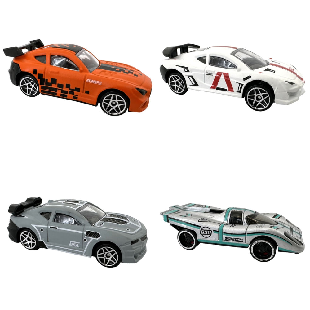Kit com 4 Mini Carrinhos Die Cast Garagem S.A. - Laranja + Branco + Cinza + Prata