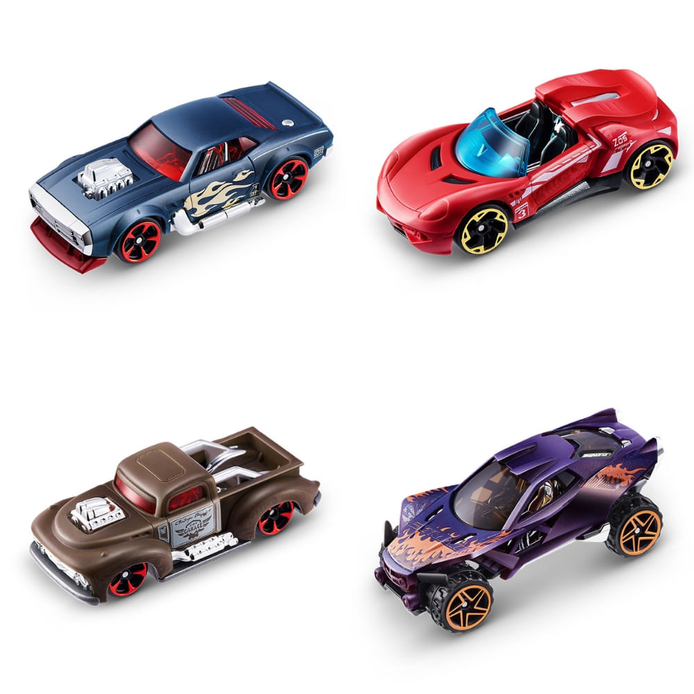 Kit com 4 Mini Carrinhos Die Cast Metal Machines Color Change - Charge + Fury + Rev Rod + Dragsta