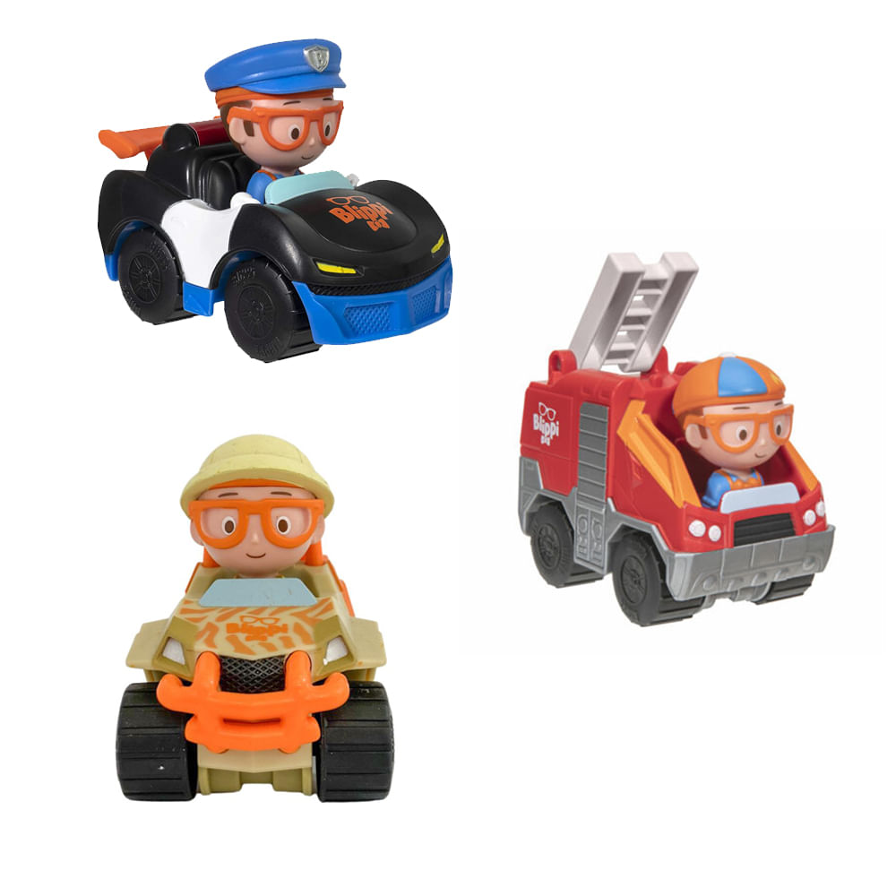 Kit 3 Mini Carrinhos Blippi - Carro de Policia + Carro de Bombeiro + Safari