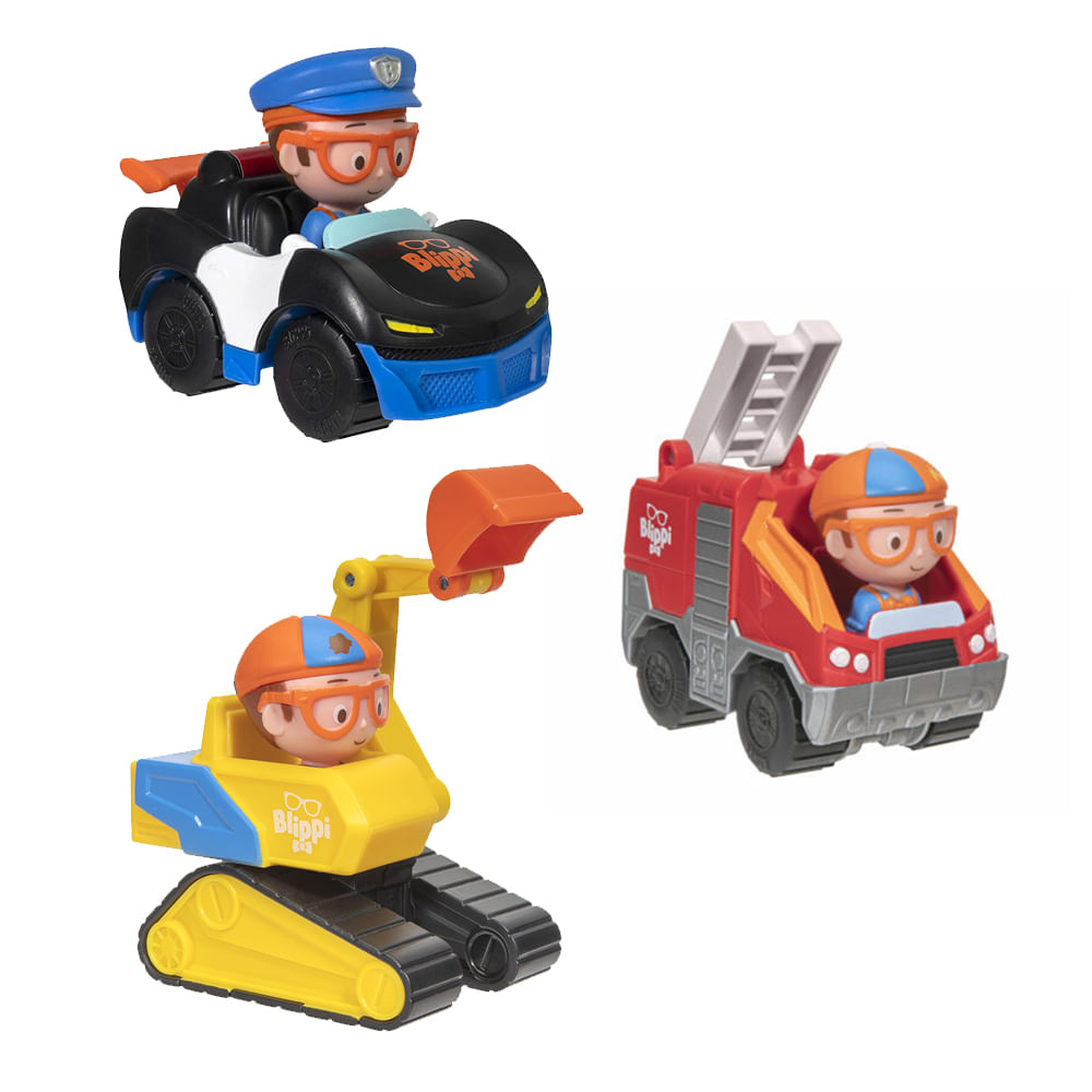 Kit 3 Mini Carrinhos Blippi - Carro de Policia + Carro de Bombeiro + Escavadeira