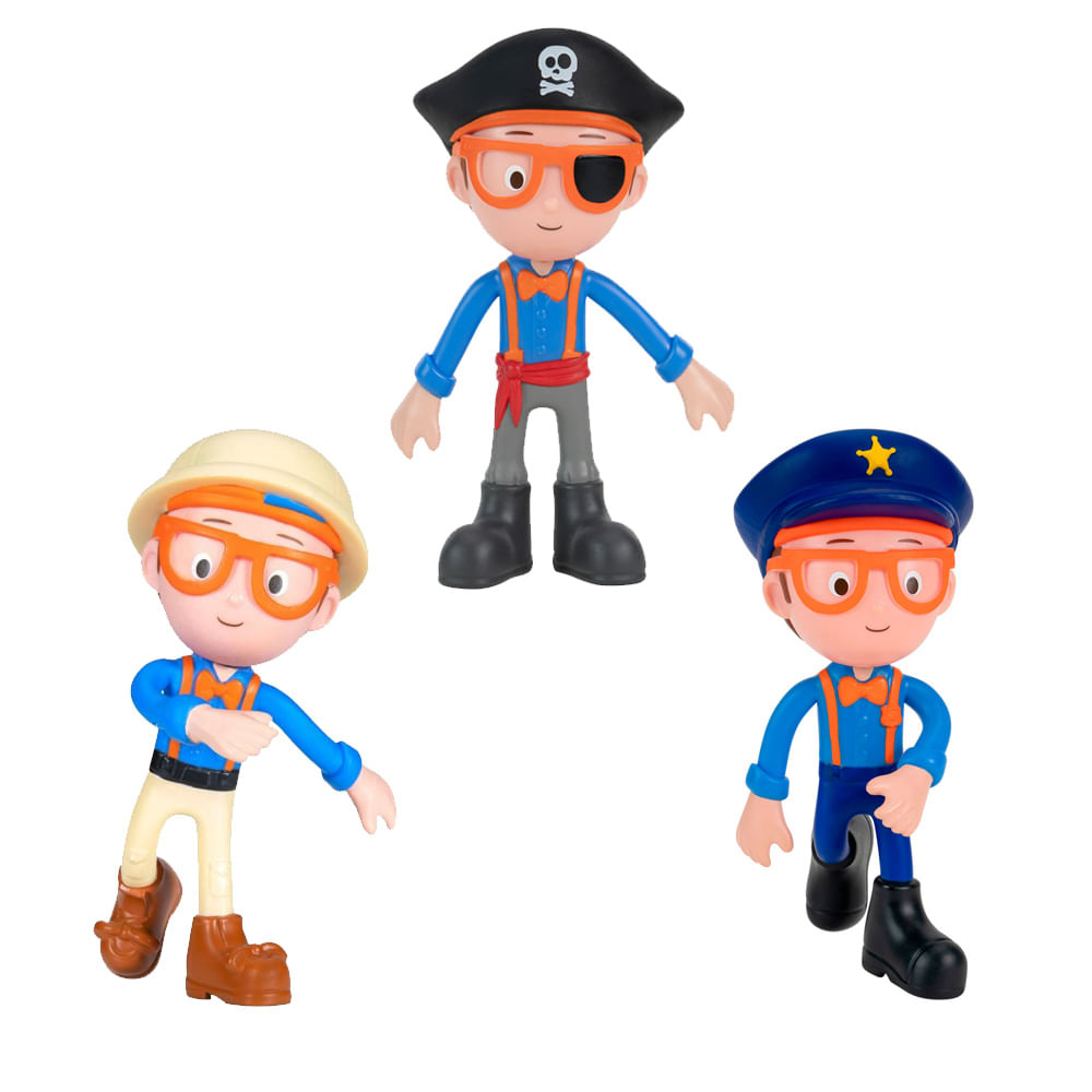 Kit 3 Bonecos Blippi Bendables - Explorador + Pirata + Policial