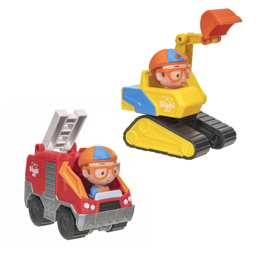 Kit 2 Mini Carrinhos Blippi - Carro de Bombeiro + Escavadeira