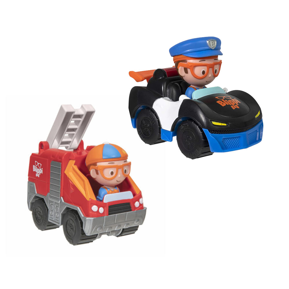 Kit 2 Mini Carrinhos Blippi - Carro de Policia + Carro de Bombeiro