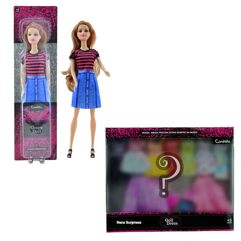 Kit Boneca Dream Doll - Cabelo Ruivo + Kit com 9 Vestidos Sortidos