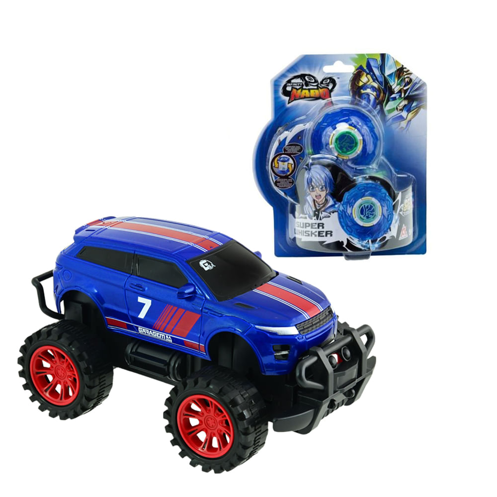 Kit Carrinho de Controle Remoto Garagem S.A. Engage - Azul + Pião de Batalha Infinity Nado Plastic Series - Azul