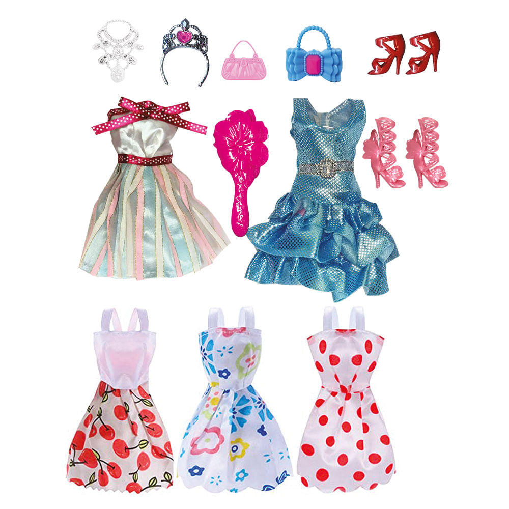 VESTIDO PARA BONECA - DOLL DRESS COM 5 VESTIDOS SORTIDOS